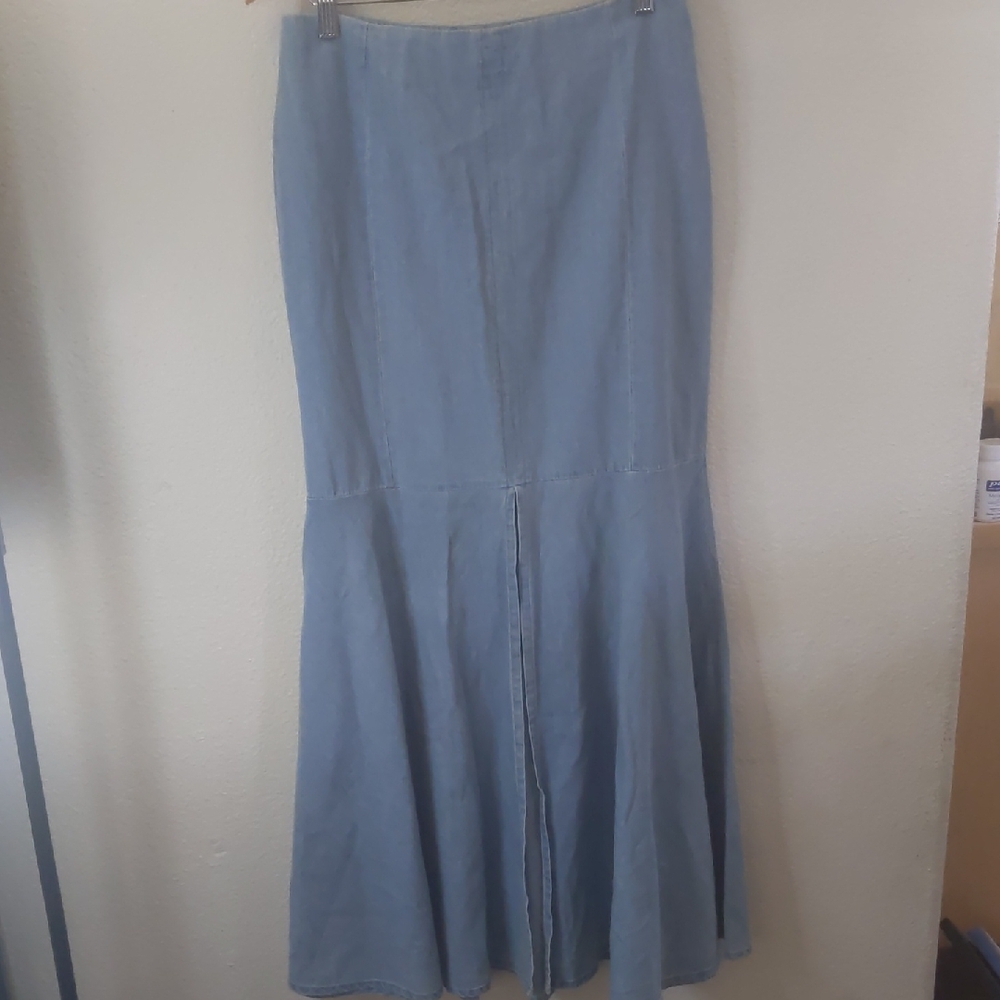 VENUS Light Denim Maxi Skirt Flare Out Mermaid Long Front Slit Zipper Y2K 60's